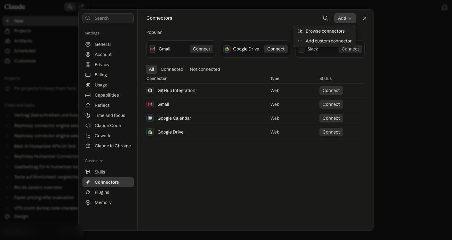 Open Claude and go to Settings → Connectors → Add custom connector.